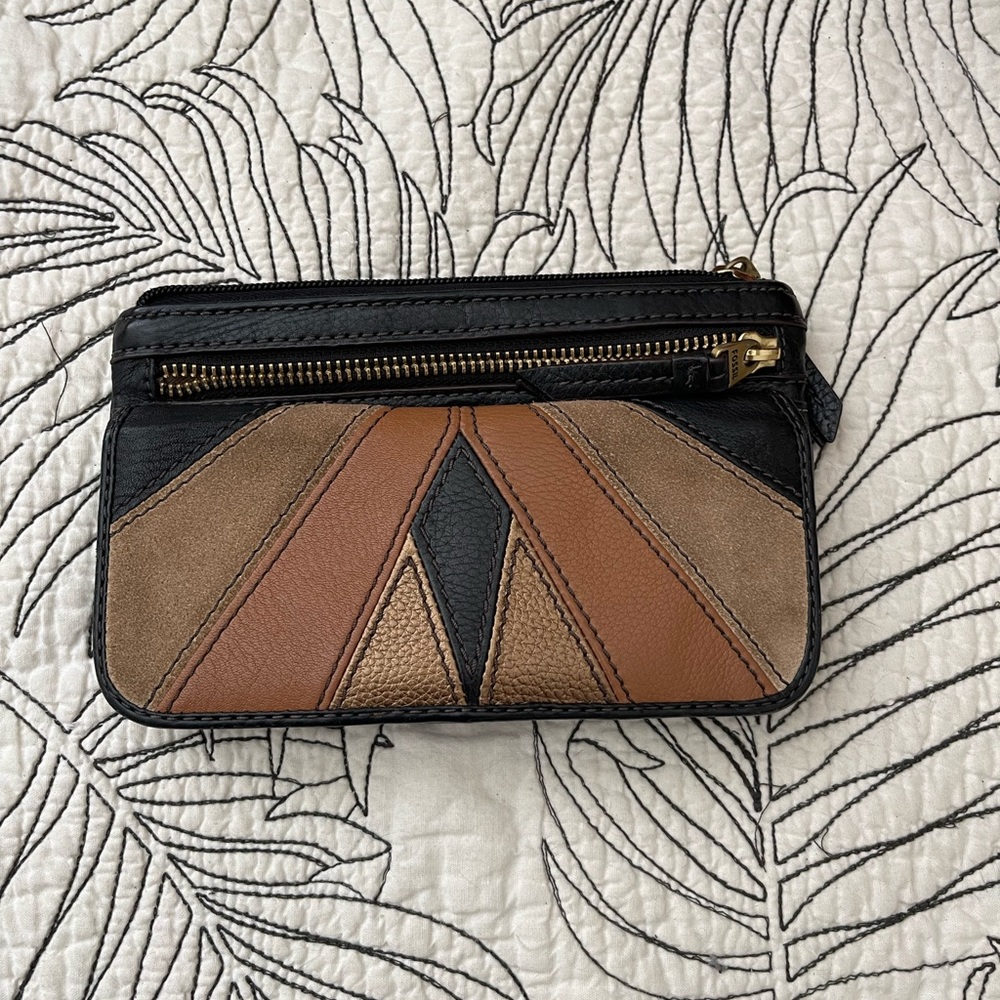 Women's Patchwork Leather Zip Wristlet Wallet - Black and Brown
